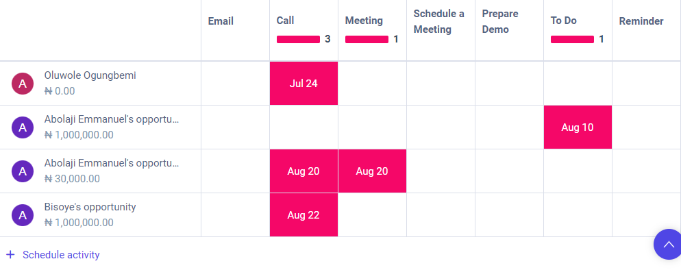 Activity view of the CRM pipeline and the option to schedule an activity.
