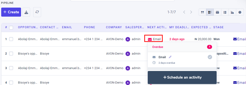 List view of the CRM pipeline and the option to schedule an activity.