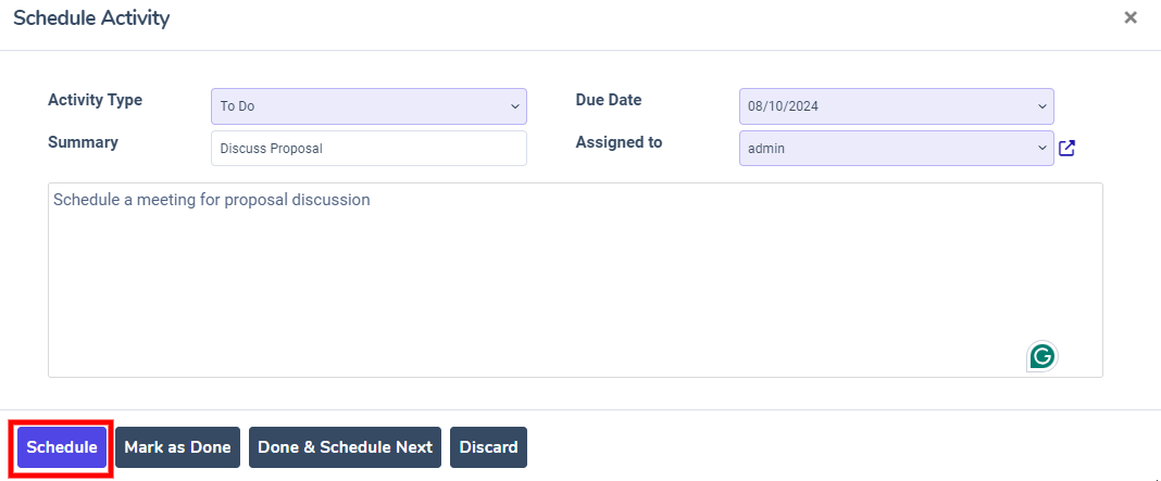 View of CRM leads and the option to schedule an activity.