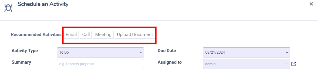 Schedule activity popup with emphasis on recommended activities.