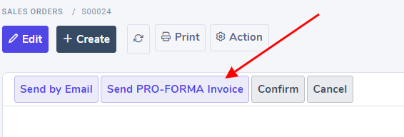 The Send Pro-Forma Invoice button on a typical sales order in Juniper Sales.