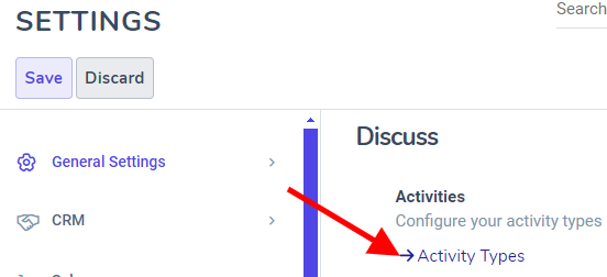 View of the settings page emphasizing the menu activity types.
