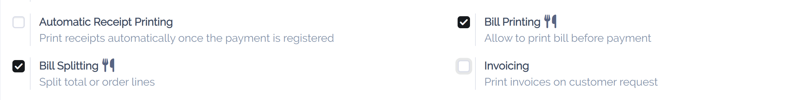 activate the bill printing and bill splitting features in the POS settings