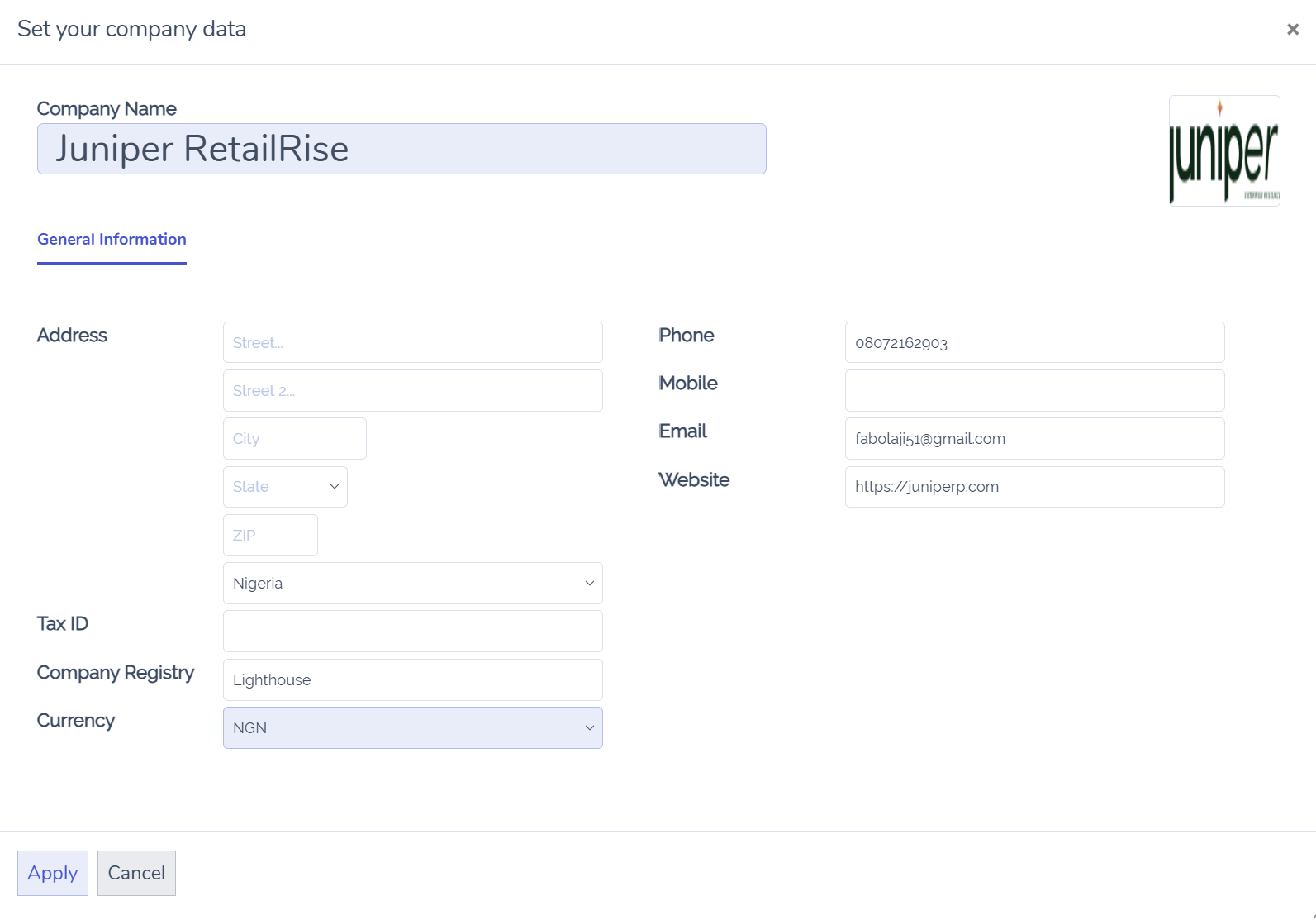 Add your company's details in Juniper Accounting and Juniper Invoicing