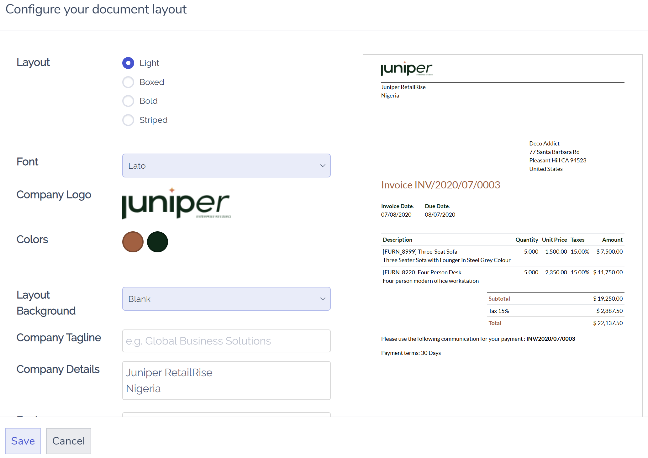 Document layout configuration in Juniper Invoicing