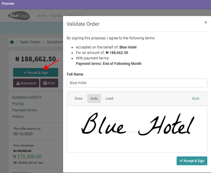 How to confirm an order with a signature on Juniper Sales.