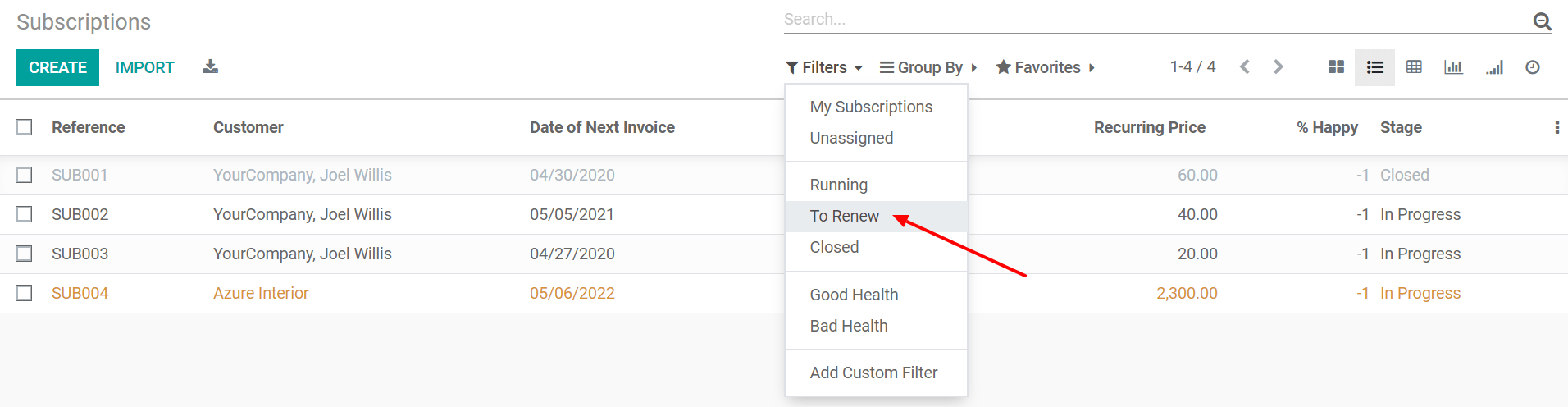List view of all subscriptions and use of the filter to renew in Juniper Subscriptions
