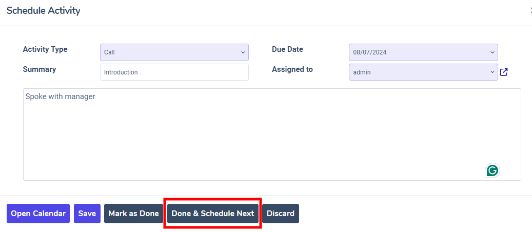 Schedule new activity popup with emphasis on Done and launch next button.
