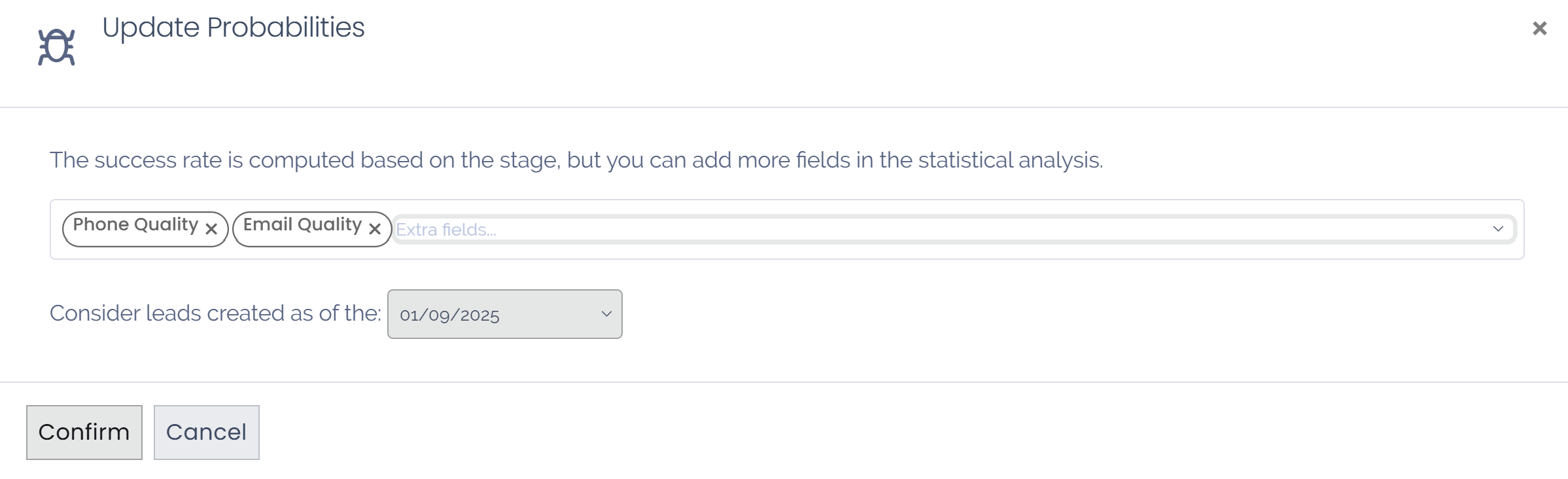 The Update Probabilities window in the Predictive Lead Scoring settings.